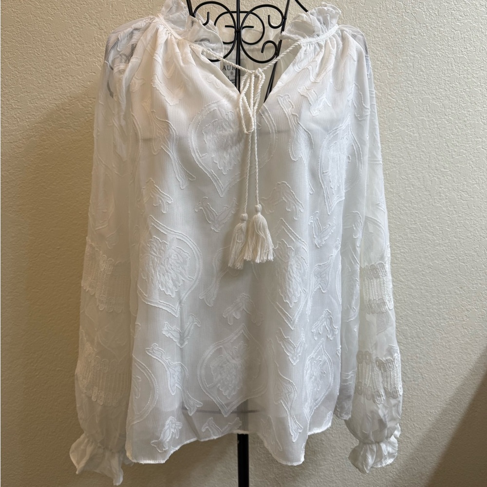 Aura White Long Sleeve Lace & Tie Front Blouse